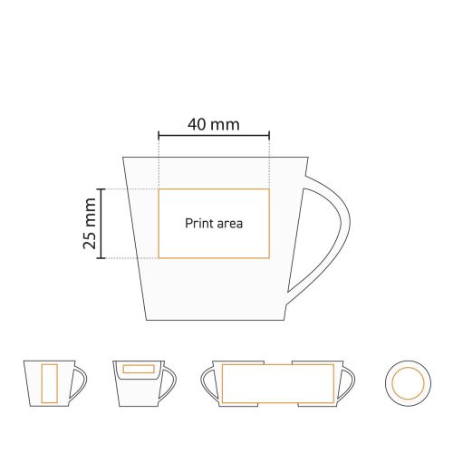 Technische tekening met maatvoering van de Eva Espresso Kop wit 10 cl. in porselein.
