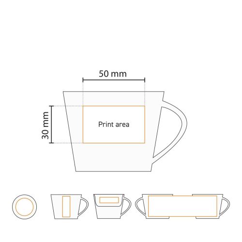 Technische werktekening met aanduiding van drukgebied op Eva Koffie 20 cl. SET porselein.