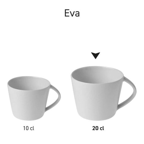 Serie Eva Koffie Koppen van 10 cl. en 20 cl. in porselein gepresenteerd in verschillende posities.