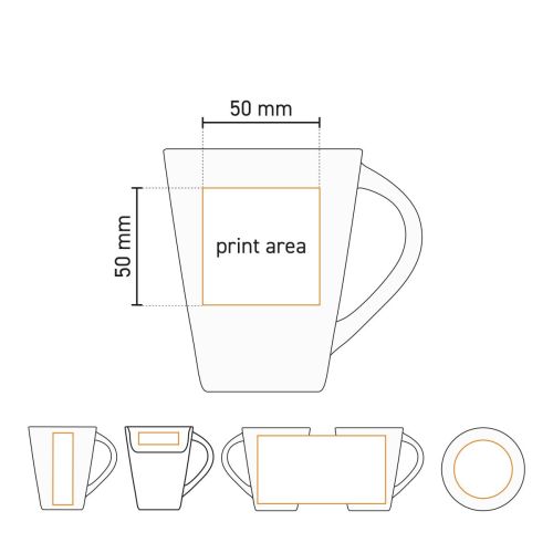 Werktekening van Eva mok wit 25 cl porselein met gemarkeerd drukgebied voor logo’s.