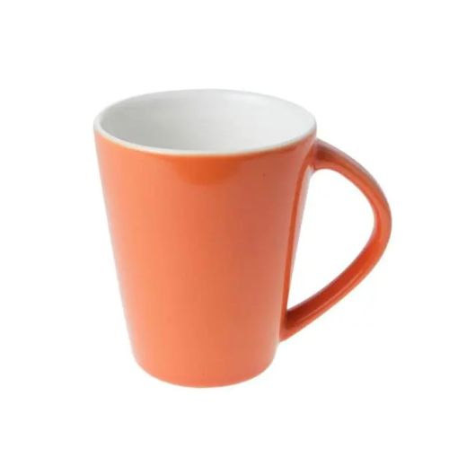 Eva mok in oranje-wit porselein van 25 cl. vooraanzicht toont glad oppervlak en rechte vorm.