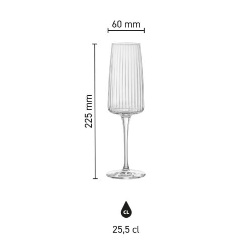 Infographic met productafmetingen van het Exclusiva Champagneglas 25,5 cl glas.