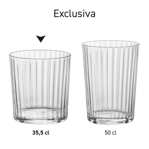 Serie Exclusiva Tumbler glazen 35,5 cl. en 50 cl. naast elkaar gepresenteerd in diverse opstellingen.