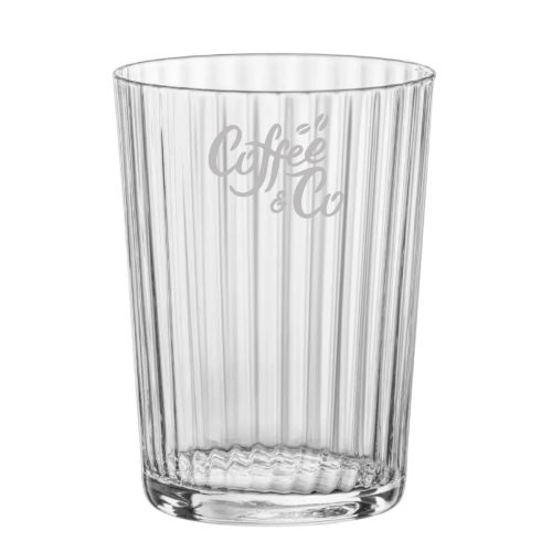 Exclusiva Tumbler glas 50 cl. met gegraveerd CoffeeCo-logo op de voorkant.