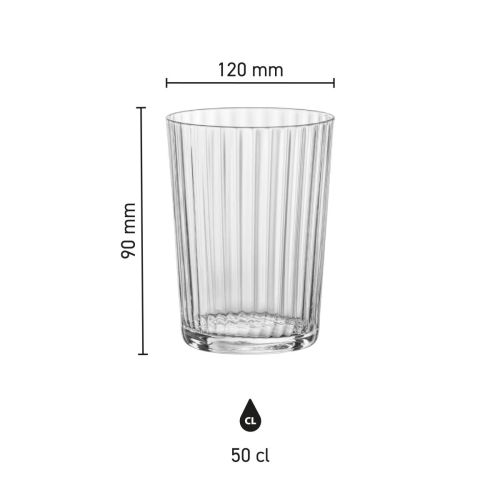 Infographic toont de productafmetingen van het Exclusiva Tumbler glas 50 cl.