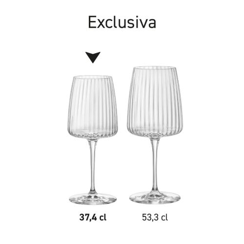 Serie Exclusiva Wijnglazen 37,4 cl. gepresenteerd in verschillende posities en hoeken.
