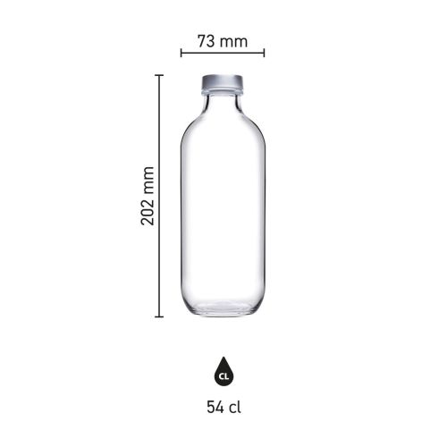 Infographic toont productafmetingen van de glazen Fles Iconic 0,54 liter met dop.