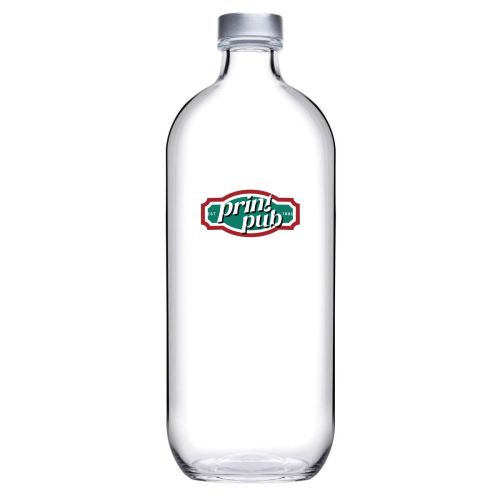 Voorzijde van de Iconic fles 1,1 liter met meerkleurig PrintPub-logo bedrukt op het transparante glas.