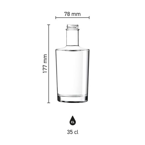 Infographic met productafmetingen van de Fles Neos 0,35 liter glas.