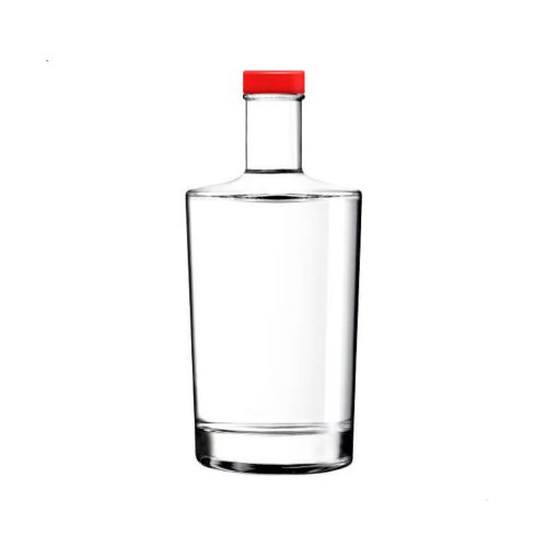 Glazen Fles Neos 0,5 liter met rode dop in recht vooraanzicht, transparant en eenvoudig vormgegeven.