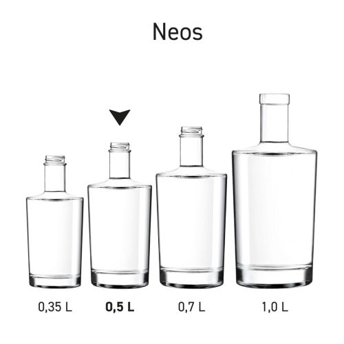 Serie flessen Neos in verschillende inhoudsmaten gepresenteerd.