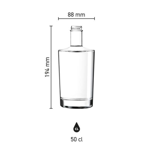 Infographic toont de productafmetingen van de glazen Fles Neos 0,5 liter.