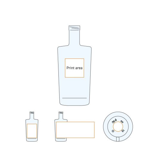 Aanduiding van het drukvlak op de Neos fles 0,7 liter glas met kurksluiting in werktekening.