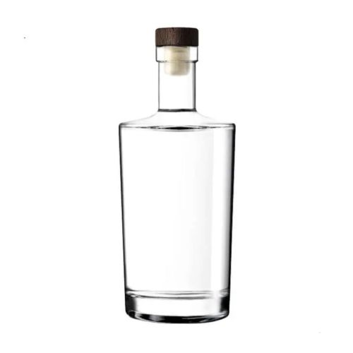 Glazen fles Neos 0,7 liter met donkerhouten kurksluiting in recht vooraanzicht, transparant en cilindervormig.