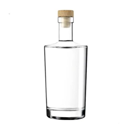 Glazen fles Neos 0,7 liter met houten kurksluiting in recht vooraanzicht, transparant en cilindervormig.