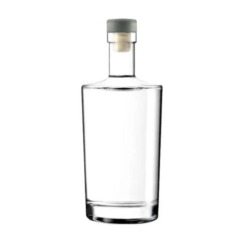 Glazen fles Neos 0,7 liter met zilveren kurksluiting in recht vooraanzicht, transparant en cilindervormig.