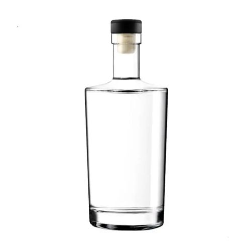 Glazen fles Neos 0,7 liter met zwarte kurksluiting in recht vooraanzicht, transparant en cilindervormig.