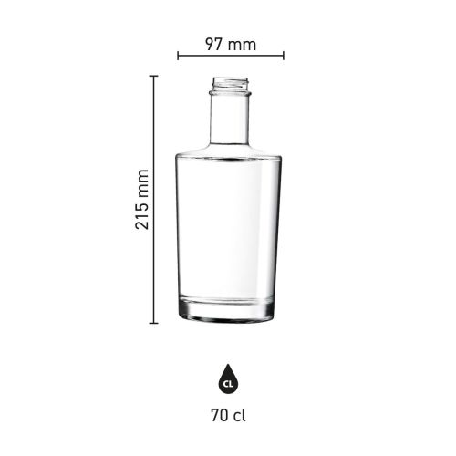 Infografiek toont gedetailleerde productafmetingen van de Neos fles 0,7 liter kurk glas.