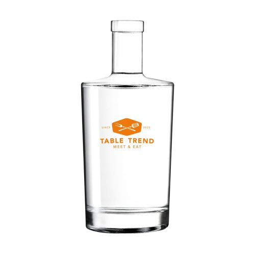 Fles Neos 0,7 liter van glas bedrukt met éénkleurig TableTrend-logo op het vooraanzicht.