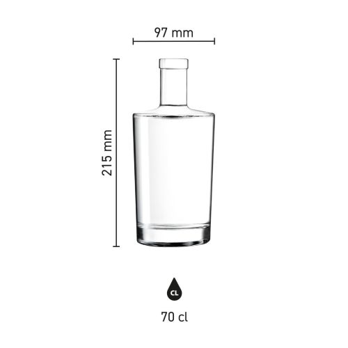 Infographic toont de productafmetingen van de glazen Fles Neos 0,7 liter.