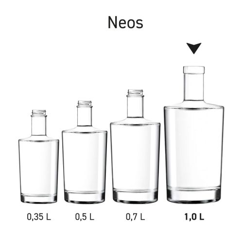 Meerdere Neos flessen van glas, opgesteld als productserie.
