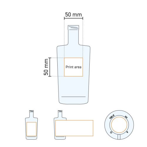 Technische werktekening van de Neos fles 1,0 liter kurk glas met aangegeven drukgebied.