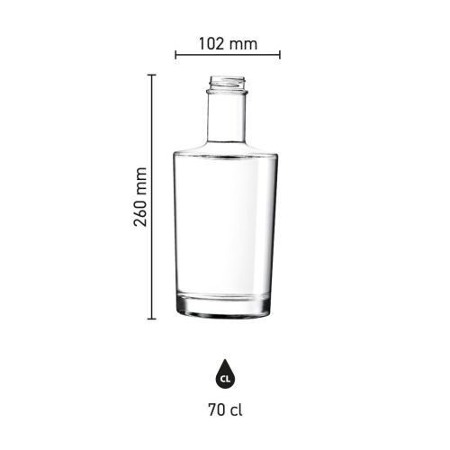 Maten en afmetingen van de Neos fles 1,0 liter met kurk weergegeven in een infographic.