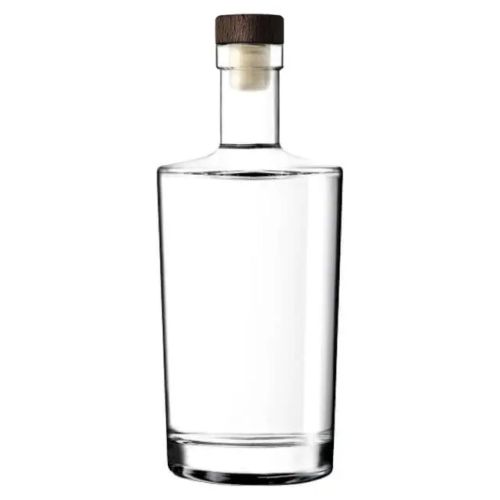 Glazen fles Neos 1,0 liter met donkerhouten kurksluiting in recht vooraanzicht, gemaakt van helder glas.