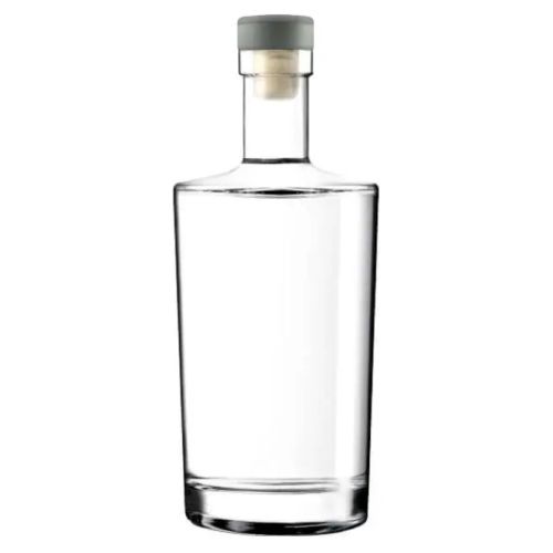 Glazen fles Neos 1,0 liter met zilveren kurksluiting in recht vooraanzicht, gemaakt van helder glas.