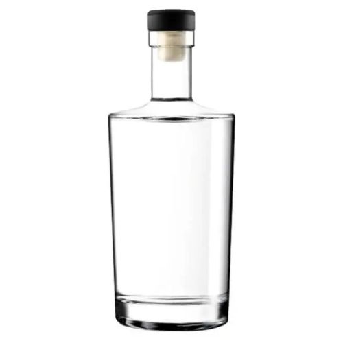 Glazen fles Neos 1,0 liter met zwarte donkerhouten kurksluiting in recht vooraanzicht, gemaakt van helder glas.