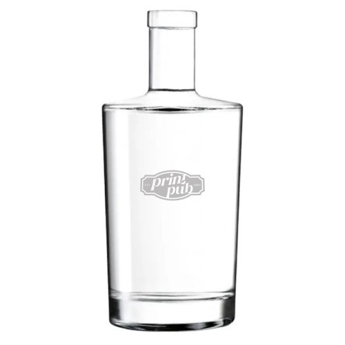 Gravure van PrintPub-logo op voorzijde van Neos fles 1,0 liter van glas met kurksluiting.