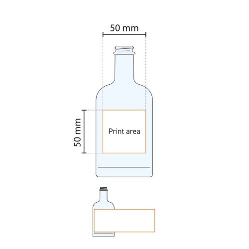 Technische werktekening van Fles Oslo 0,2 liter met drukgebied gemarkeerd.