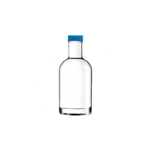 Heldere glazen fles Oslo 0,2 liter met blauwe dop van voren gefotografeerd, zonder bedrukking.