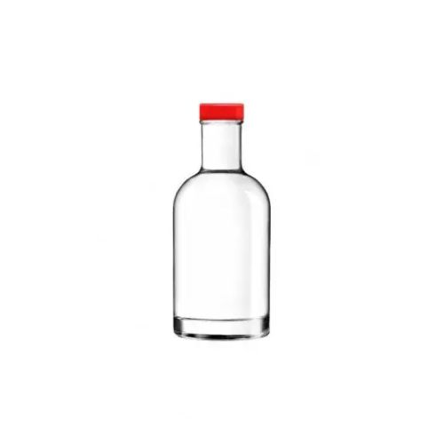 Heldere glazen fles Oslo 0,2 liter met rode dop van voren gefotografeerd, zonder bedrukking.