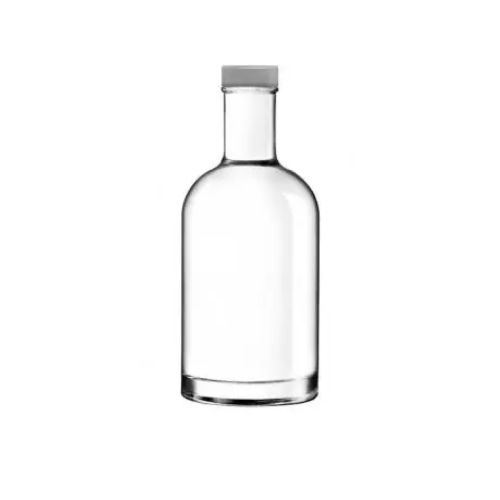 Glazen fles Oslo 0,35 liter in recht vooraanzicht met zilveren dop of logo.