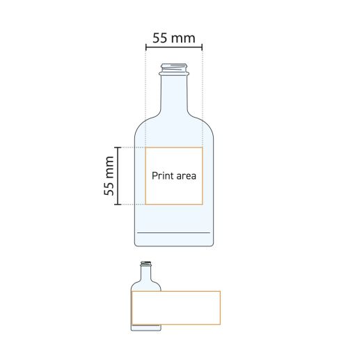 Technische werktekening van Fles Oslo 0,35 liter glas met gemarkeerd drukgebied.