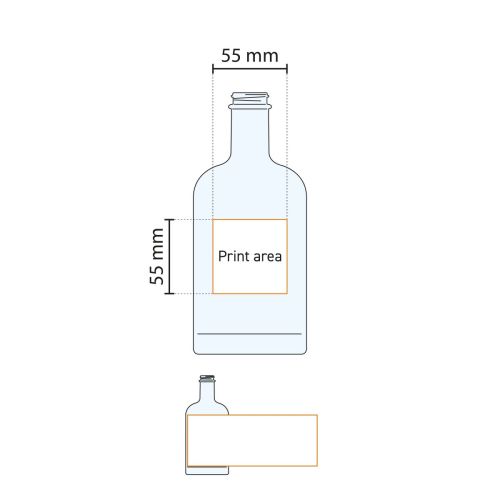 Technische werktekening van Fles Oslo 0,5 liter met aanduiding van drukgebied.