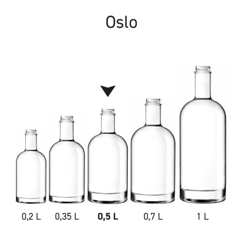 Serie flessen Oslo naast elkaar gepresenteerd in overzicht.