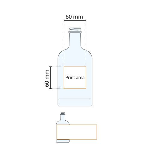 Drukgebied weergegeven op werktekening van Fles Oslo 0,7 liter glas.