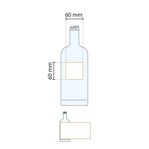 Technische werktekening toont drukgebied van Fles Oslo 1,0 liter voor bedrukking.