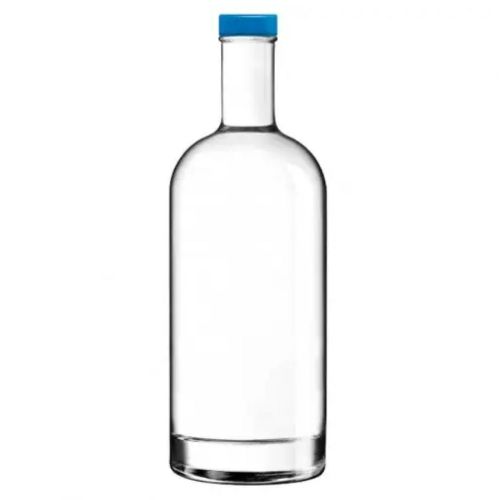 Fles Oslo 1,0 liter van helder glas, recht van voren gefotografeerd zonder opdruk met blauwe dop.