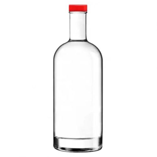 Fles Oslo 1,0 liter van helder glas, recht van voren gefotografeerd zonder opdruk met rode dop.