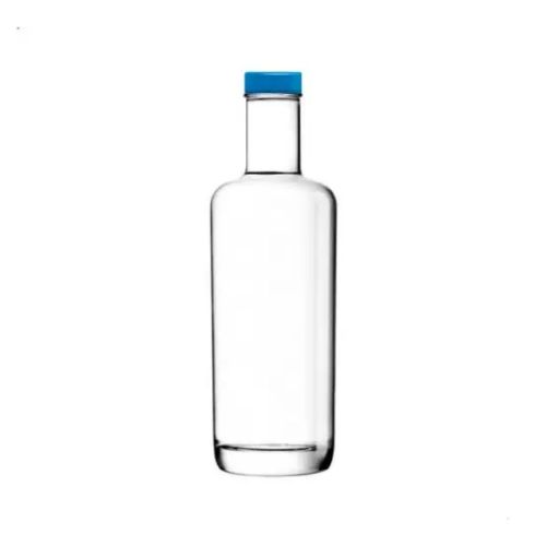 Cilindrische glazen fles Oxygen 0,5 liter met blauwe dop in vooraanzicht, met smalle hals en brede bodem.