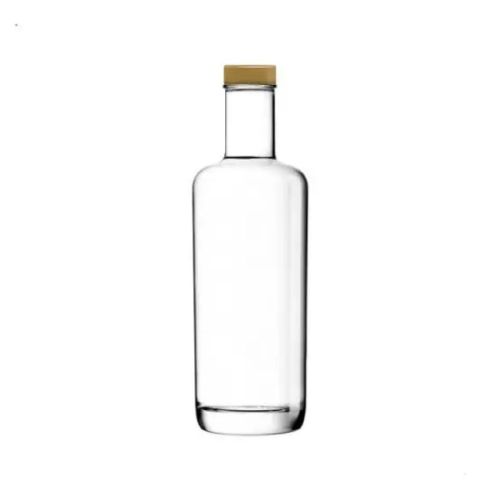 Cilindrische glazen fles Oxygen 0,5 liter met gouden dop in vooraanzicht, met smalle hals en brede bodem.