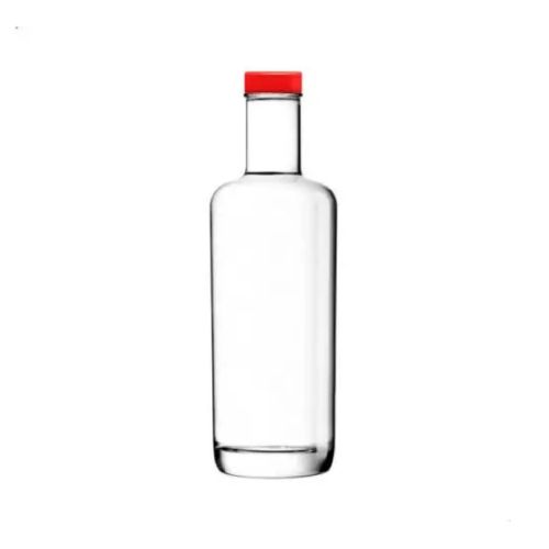 Cilindrische glazen fles Oxygen 0,5 liter met rode dop in vooraanzicht, met smalle hals en brede bodem.