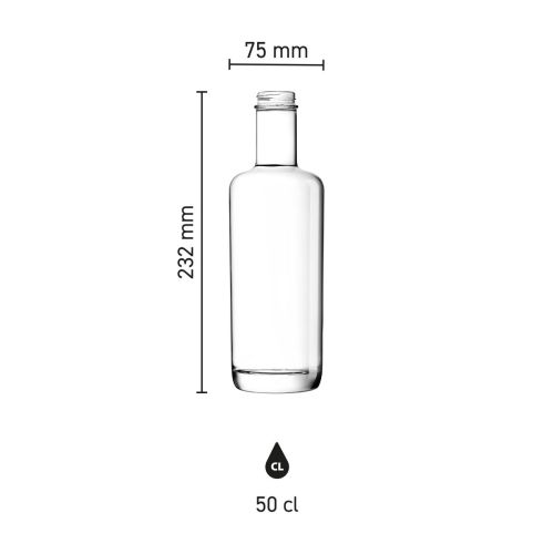 Infographic toont afmetingen van de glazen fles Oxygen 0,5 liter met schaalverdeling.