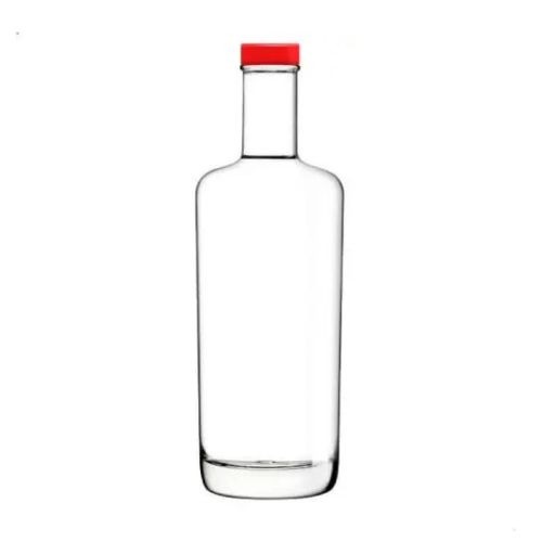 Voorzijde van glazen fles Oxygen 0,7 liter met rode dop, rechtopstaand met lange, smalle hals.