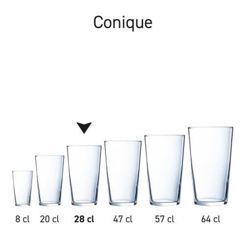 Serieoverzicht van Conique glazen met gelijke vorm en verschillende inhouden.
