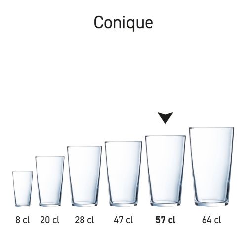 Serieoverzicht van Conique glazen met uniforme vorm en verschillende maatinhouden.