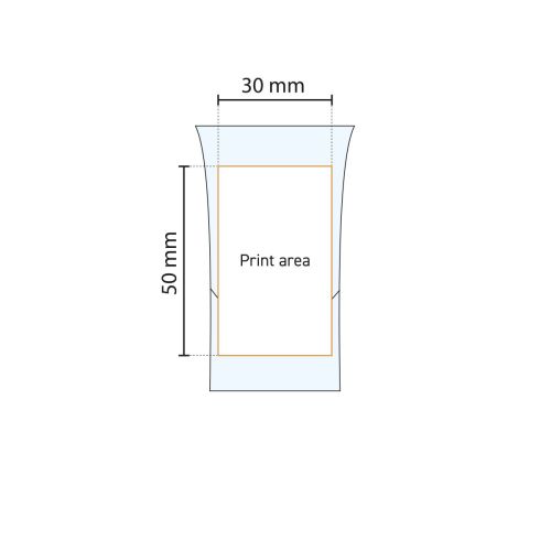 Illustratie van het drukgebied op het HotShot glas 3,4 cl voor positionering van bedrukking.